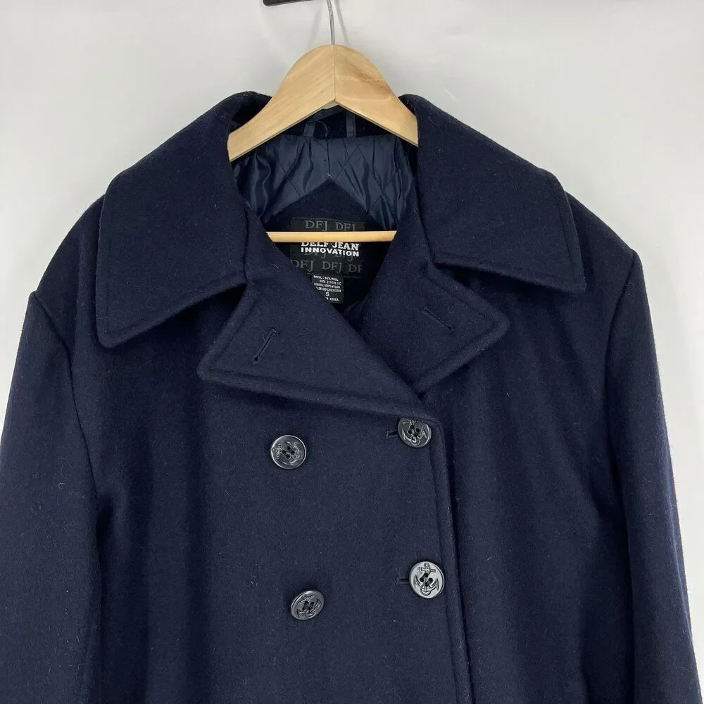 Delf Coat Size Small Men Navy Double Breasted Button Front Wool Peacoat Military